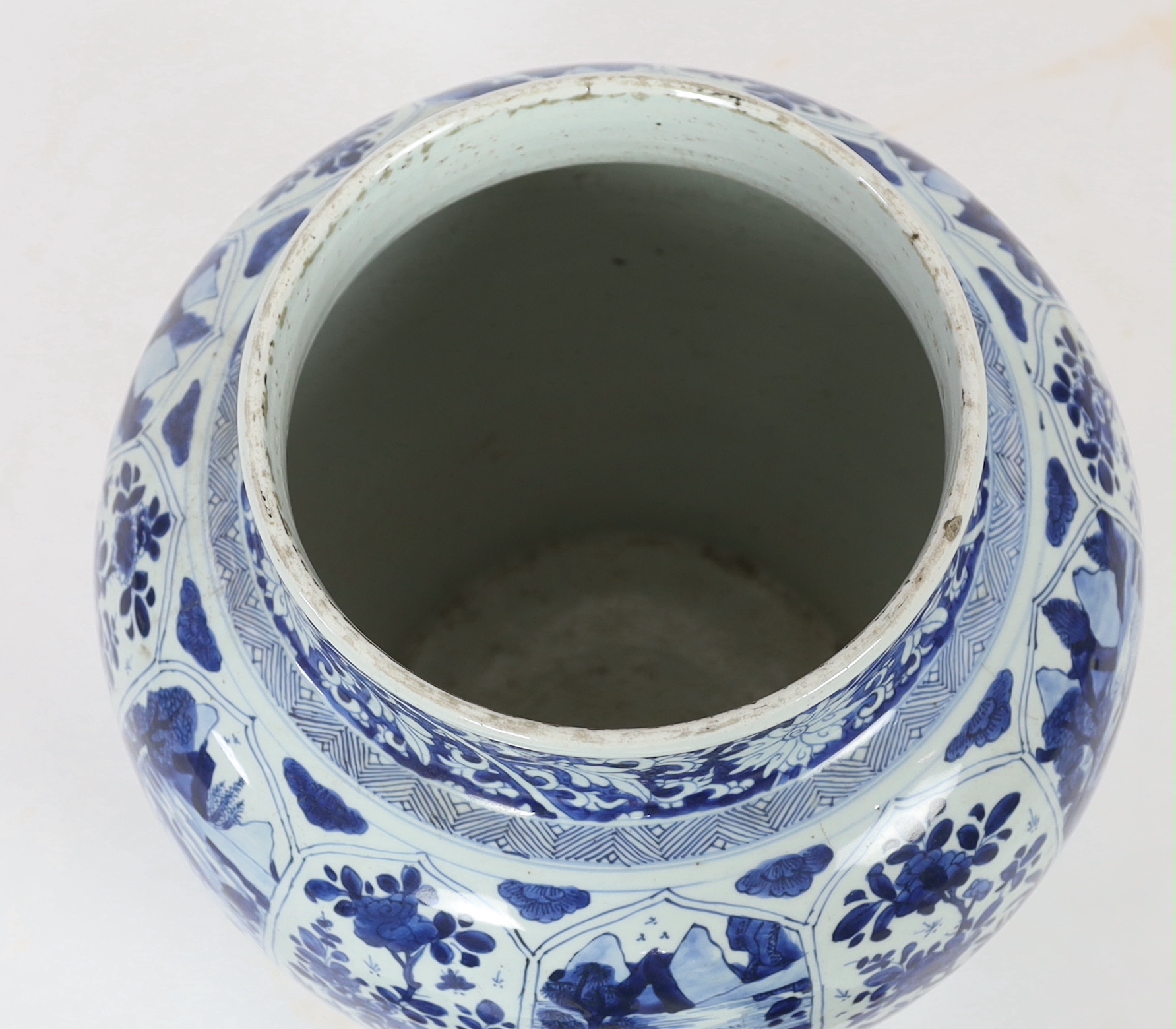 A massive Chinese blue and white jar and cover, Kangxi period, slight faults